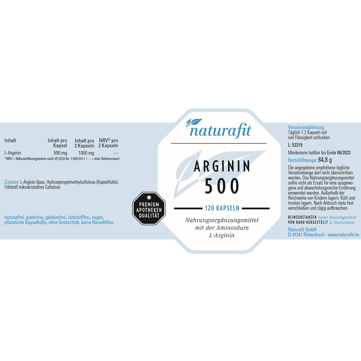 naturafit Arginine 500 Capsules, Pack of 120 Capsules