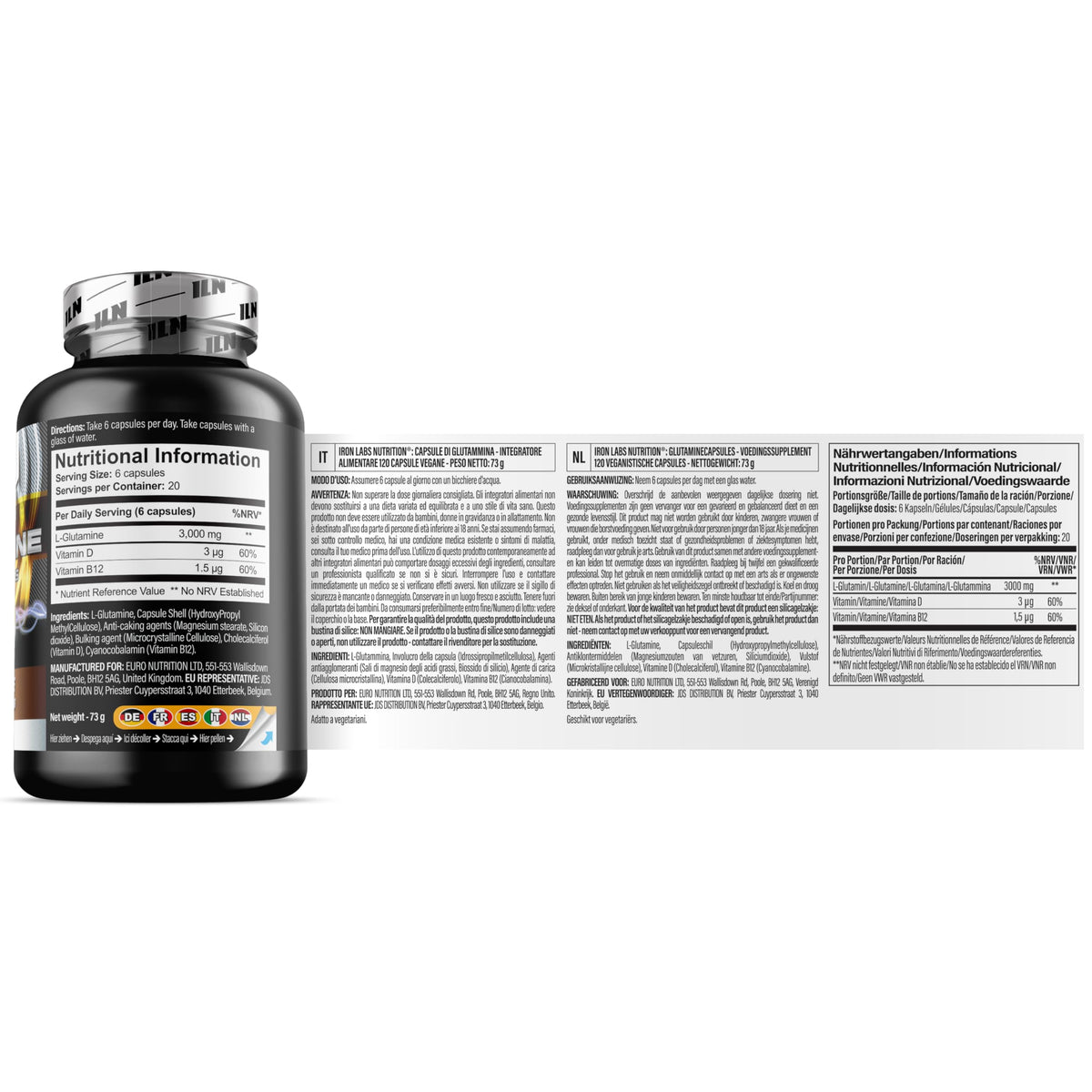 L-Glutamine Capsules - 3000mg with Vitamin D & B12 - 120 Capsules