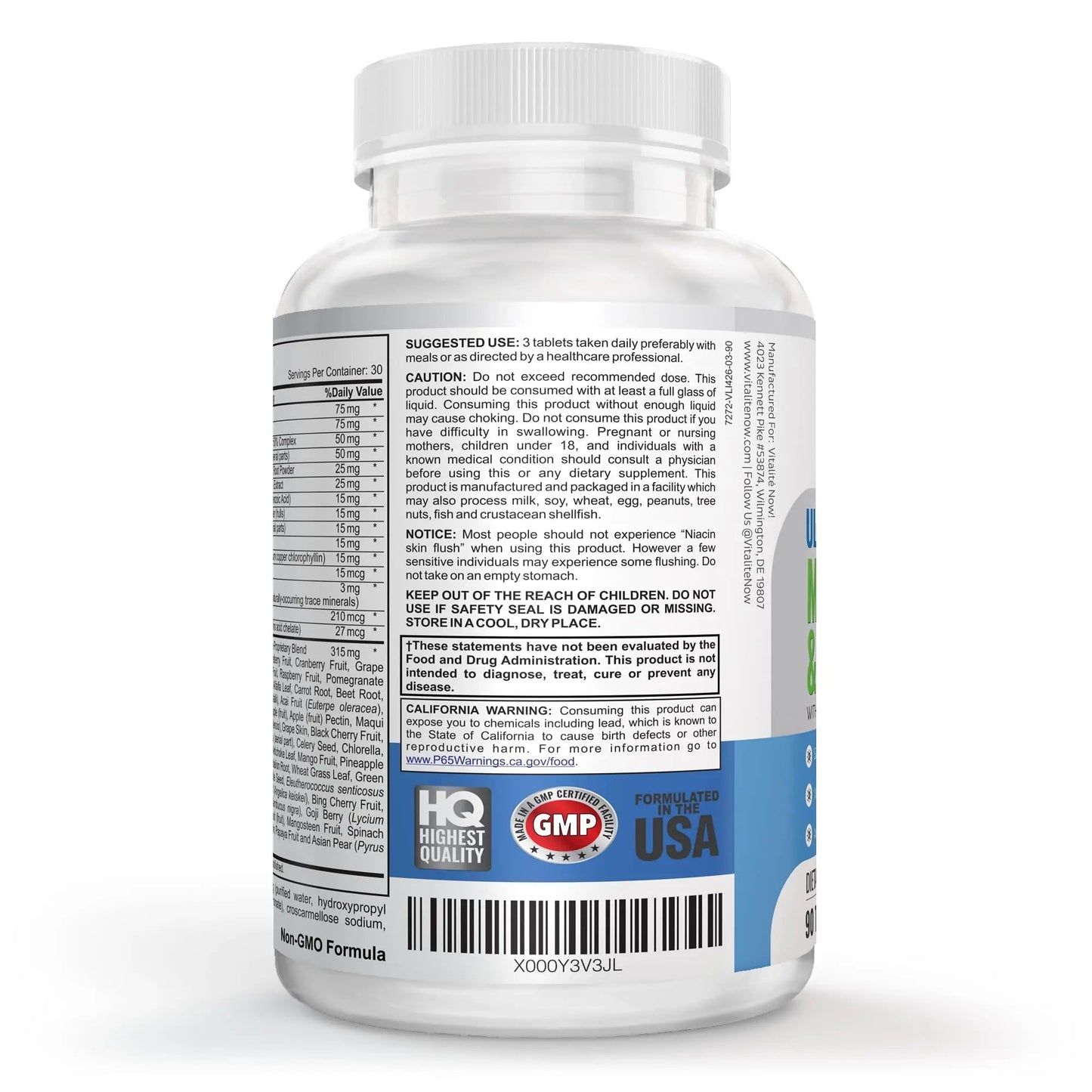 Vegan Whole Food Multivitamin & Mineral - Vitamins A B1 B2 B6 B12 C D3 E & 110 Super Foods, Herbs, Greens & Reds Vitalité Now!Buy Supplements Australia