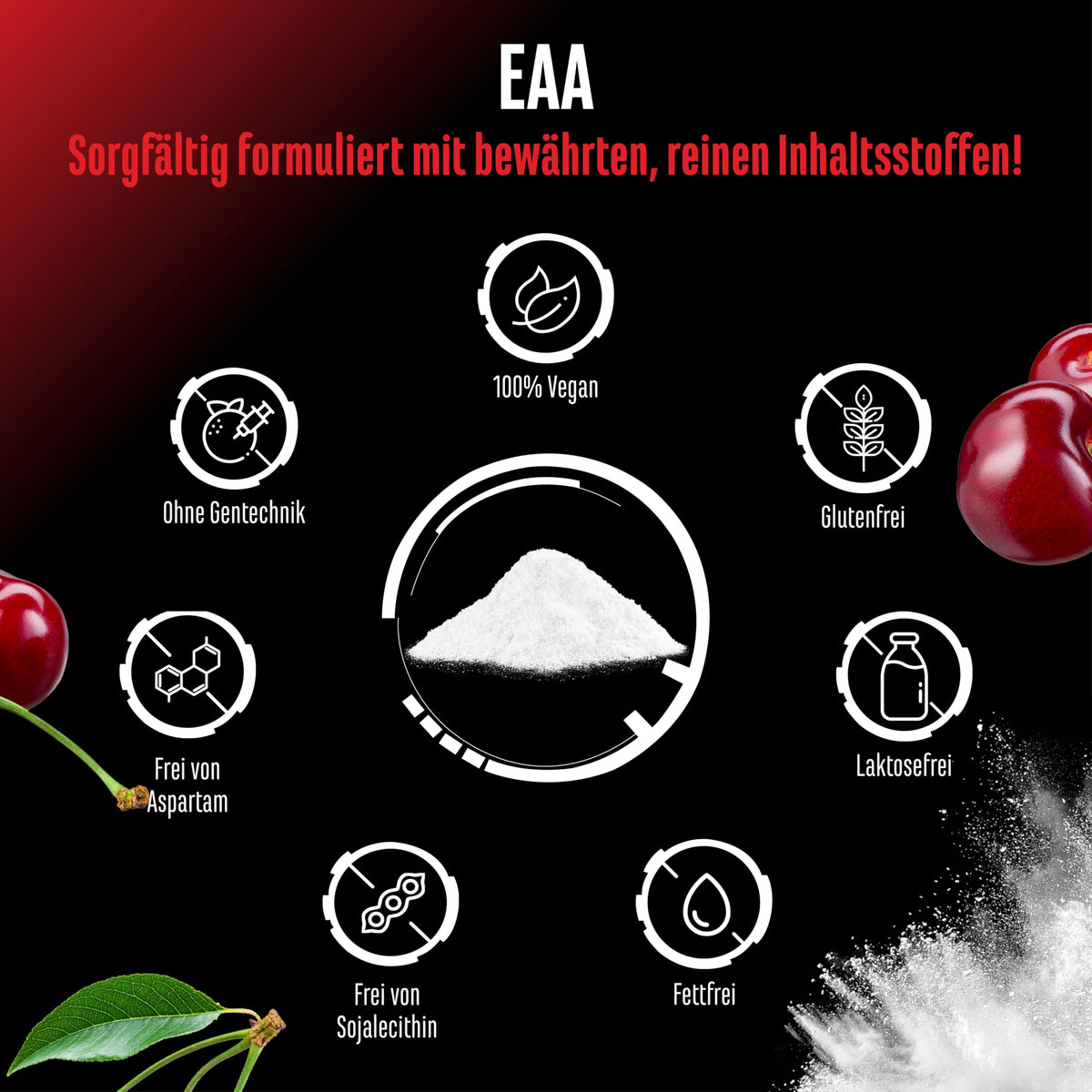 Gen German Elite Nutrition EAA Powder - 532 g - 9 Essential Amino Acids | Cherry - Human Code Formula - Includes Histidine & BCAA - 10 g EAA per Serving - Laboratory Tested