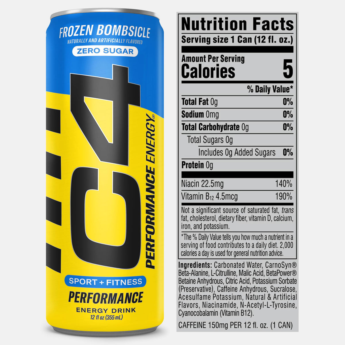 C4 Energy Drink 12oz (Pack of 24) - Frozen Bombsicle - Sugar Free Pre Workout Performance Drink with No Artificial Colors or Dyes