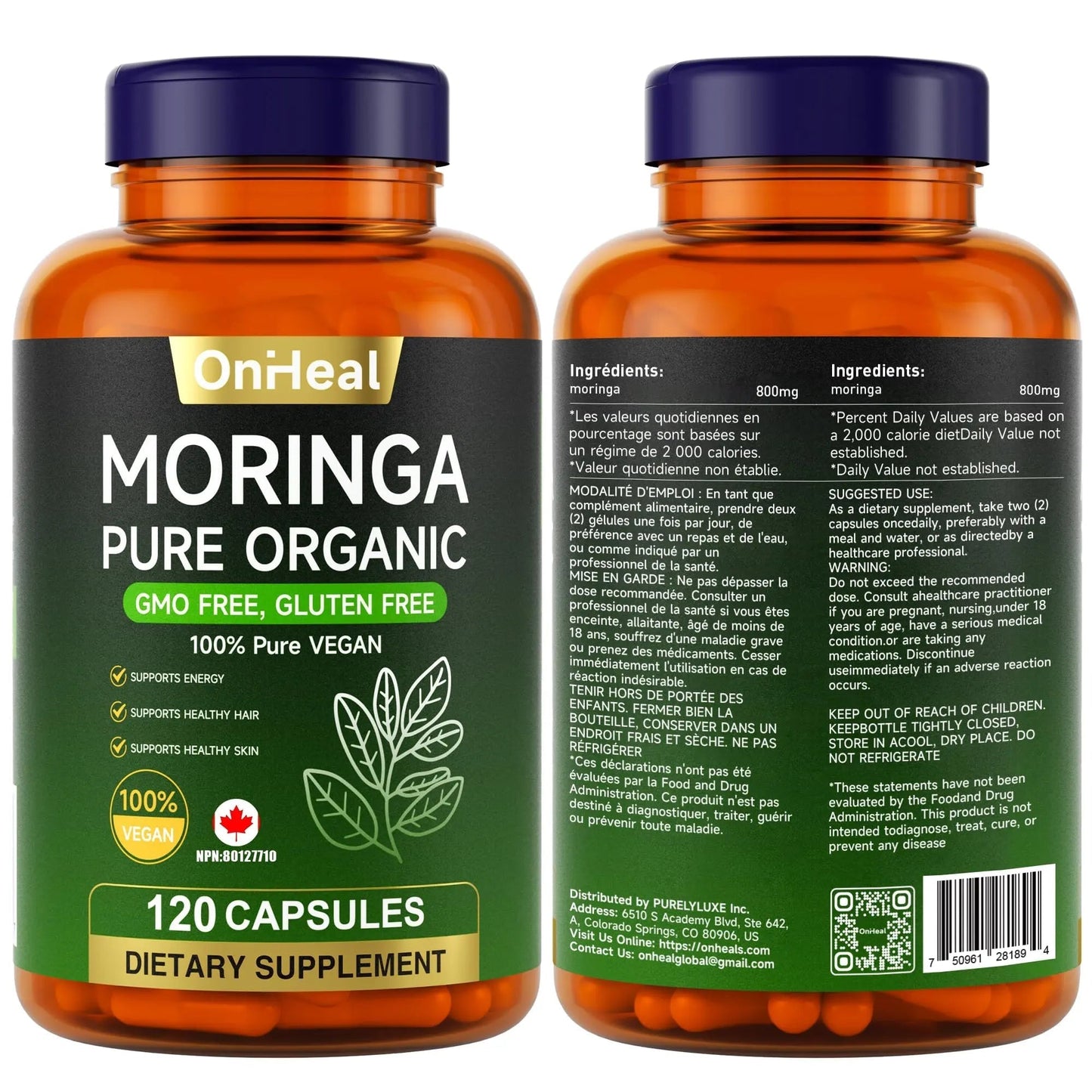 YBFQ Organic Moringa Capsules 1000 mg, 120 Count - Moringa Capsules with Organic Olefeira Powder, Supports Healthy Hair and Skin, Energy and Balance YBFQBuy Supplements Australia