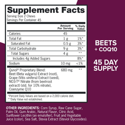 Qunol Beets Chews for Blood Pressure Support, 3 in 1 Beets + CoQ10 + Grape Seed Extract,
