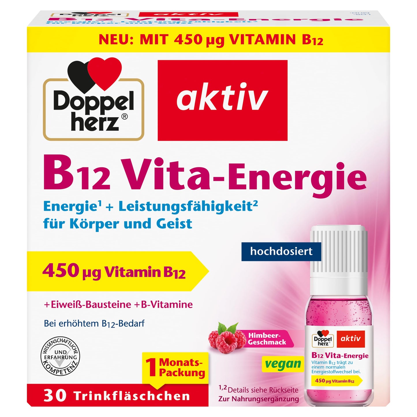 Doppelherz B12 Vita-Energie Raspberry Flavour | High dose with 450 μg vitamin B12 per drinking bottle - additionally with 3 other B vitamins - 30 drinking bottles