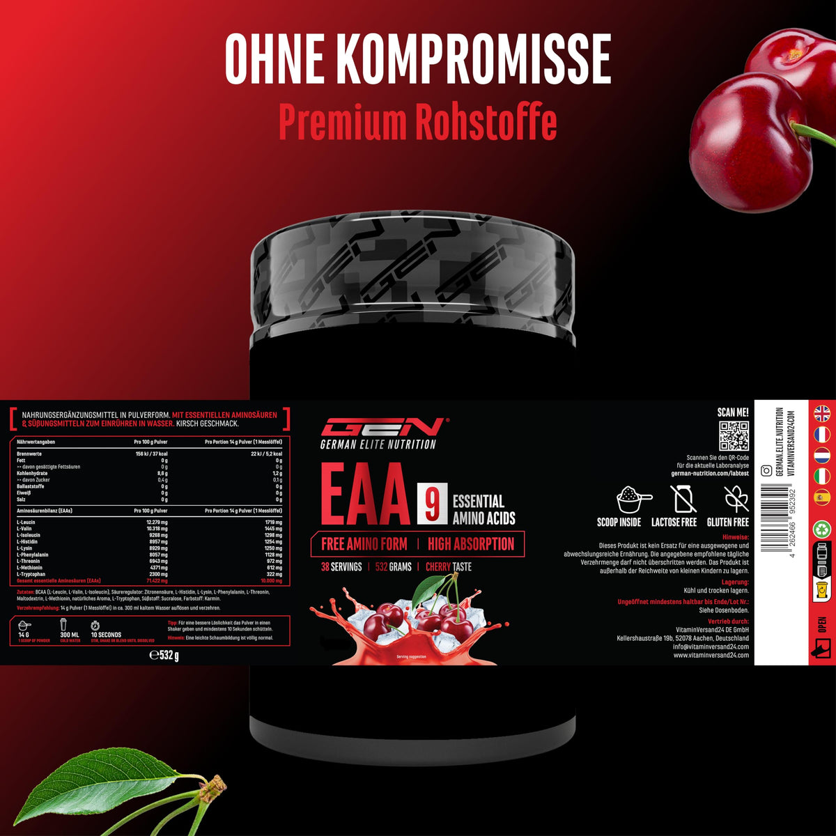 Gen German Elite Nutrition EAA Powder - 532 g - 9 Essential Amino Acids | Cherry - Human Code Formula - Includes Histidine & BCAA - 10 g EAA per Serving - Laboratory Tested