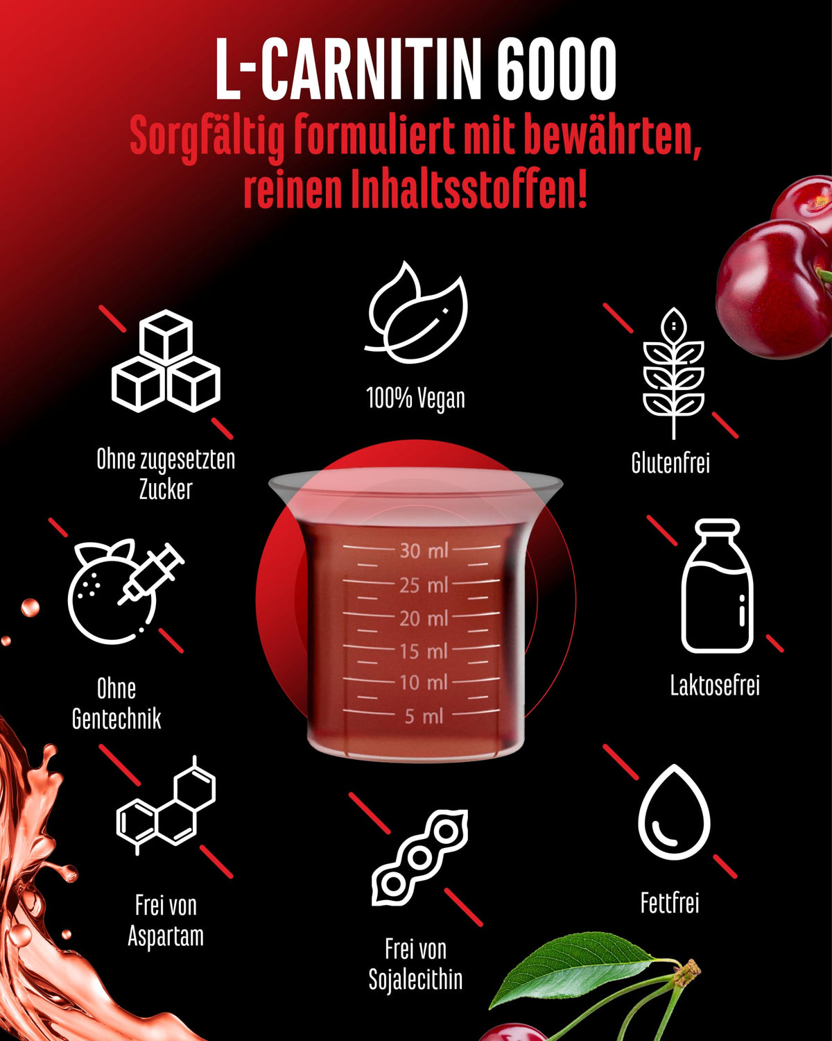 Gen German Elite Nutrition L-Carnitine 6000 Liquid - 1000 ml | Cherry Madness flavour - extra high dose with 6000 mg pure L-carnitine per daily serving - amino workout drink - vegan