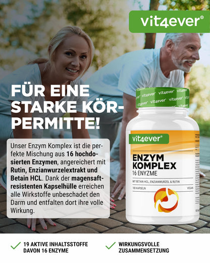 vit4ever Digestive Enzymes - 180 Enteric Juice-Resistant Capsules | Mit Betain HCL, Rutin, Enzianwurzel + 16 Enzyme: Bromelain, Papain, Amylase, Lipase, Protease, Laktase, Vegan & Laborgepruft
