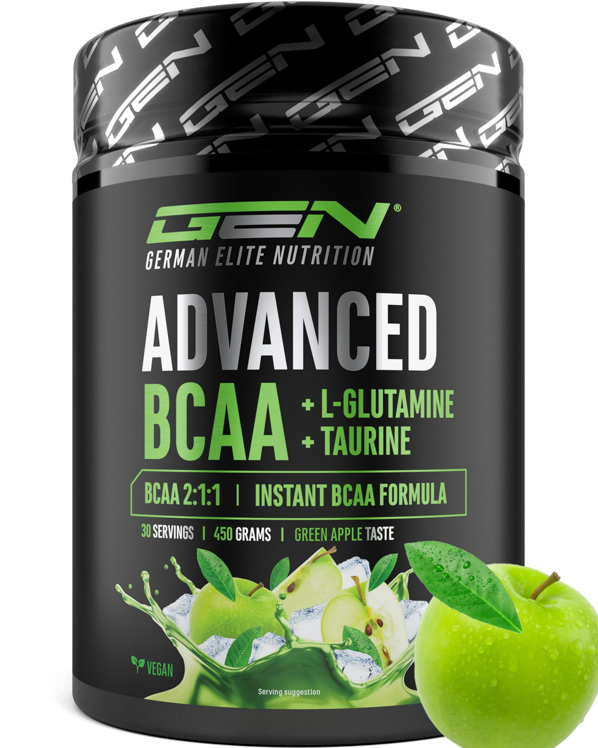 Gen German Elite Nutrition Advanced BCAA Powder 450 g - 2:1:1 BCAA | Taurine & Glutamine, Sweet Apple, 13,500 mg Amino Acids Per Serving, Instant Soluble, Vegan, 30 Servings