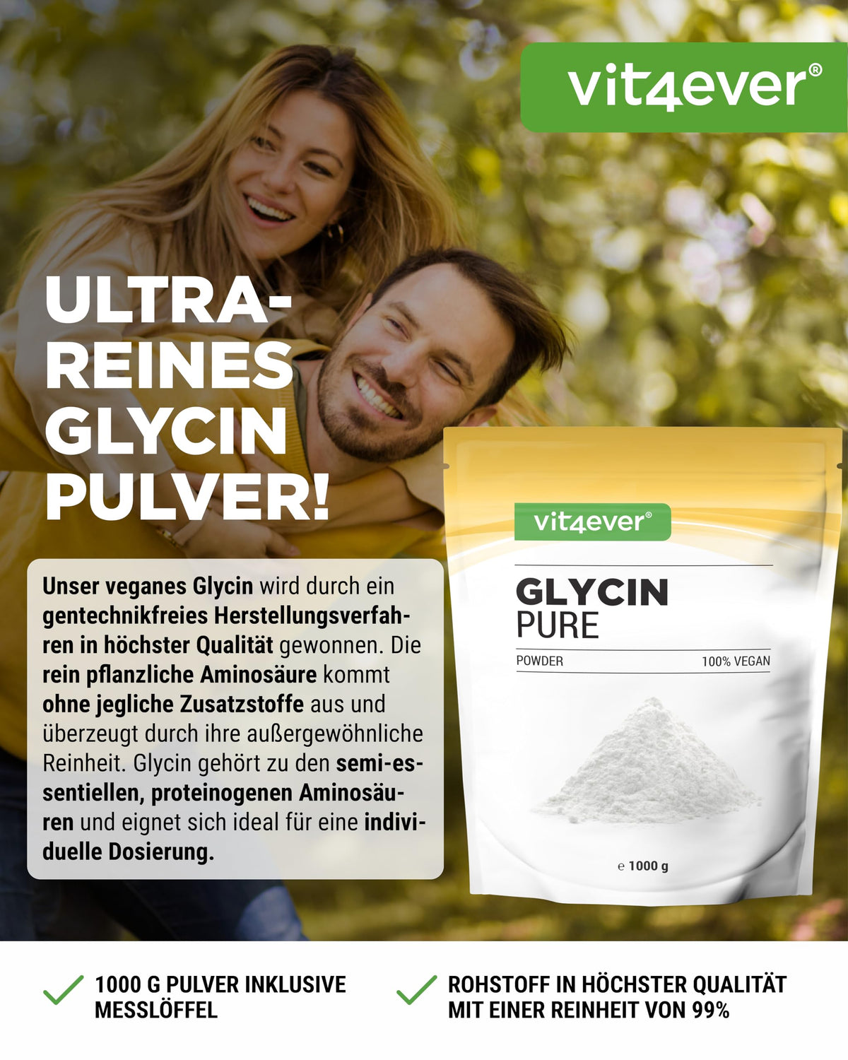 vit4ever Glycine Pure - 1000 g Powder - Naturally Sweet | Optimal dosage including measuring spoon, bioactive L-shape (L-glycine), without additives, laboratory tested, vegan