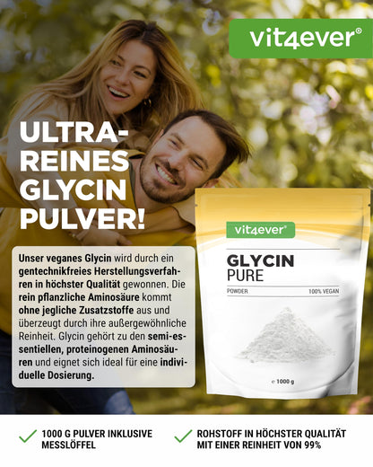 vit4ever Glycine Pure - 1000 g Powder - Naturally Sweet | Optimal dosage including measuring spoon, bioactive L-shape (L-glycine), without additives, laboratory tested, vegan