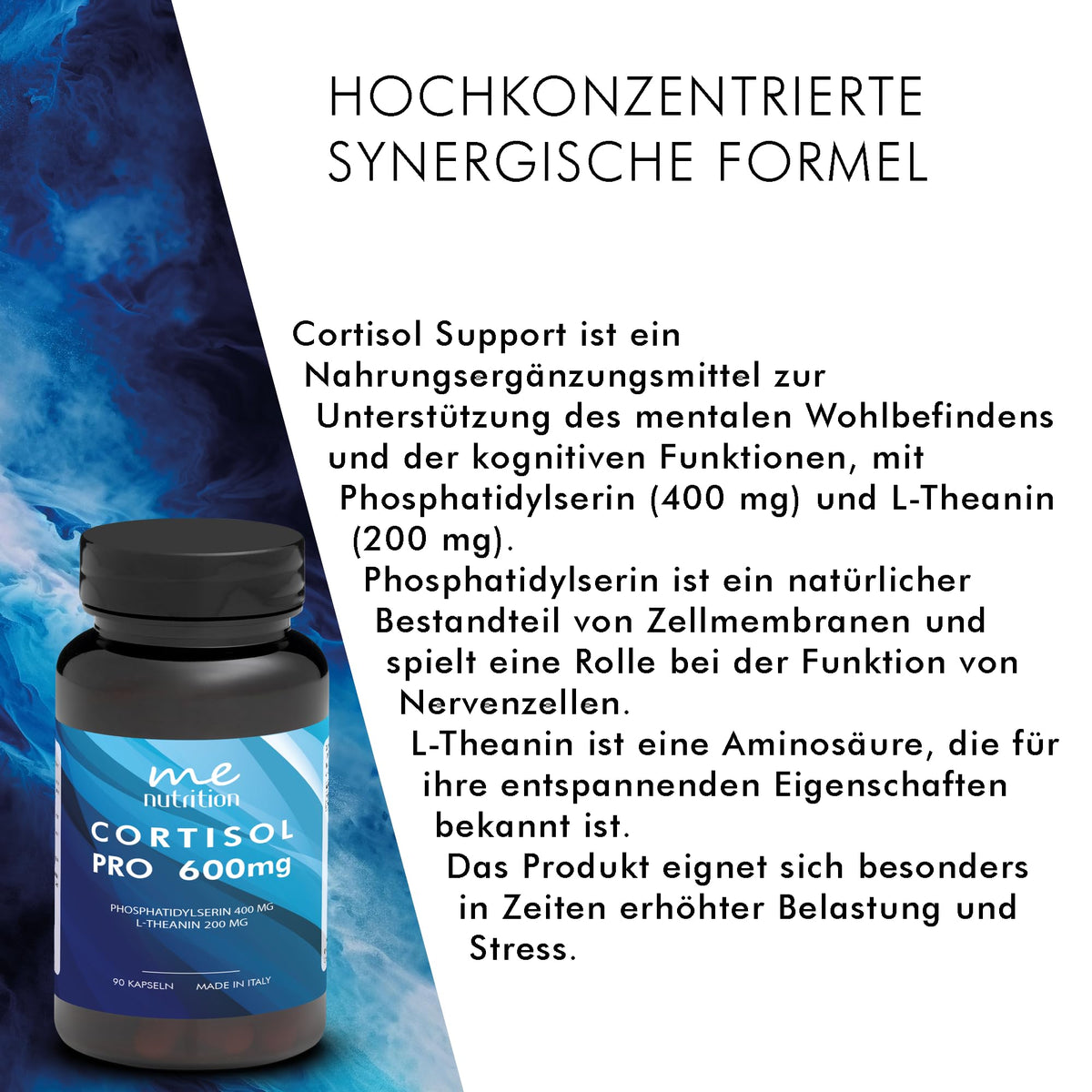 Cortisol Support 600 mg - Phosphatidylserine 400 mg + L-Theanine 200 mg - High Dose - Supports Cortisol Levels and Normal Metabolism - 90 Capsules Made in Italy - Me Myeasy
