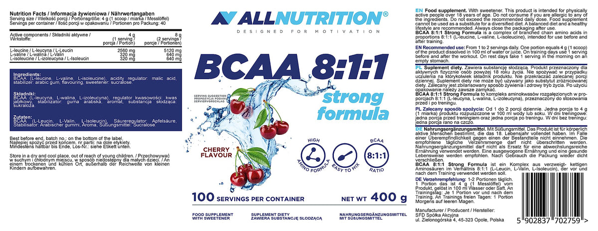 ALLNUTRITION BCAA 8:1:1 Strong Formula Branched Chain Amino Acids BCAA in Ratio of 8:1:1 - Comfortable Absorption Form - 2880 mg Leuzine per Serving - Promotes Regeneration - 400 g, Cherry