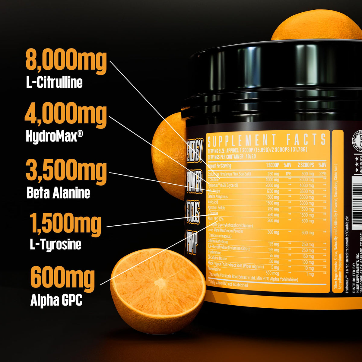 Huge Supplements Wrecked Pre-Workout, 30G+ Ingredients Per Serving to Boost Energy, Pumps, and Focus with L-Citrulline, Beta-Alanine, Hydromax, and No Useless Fillers, 40 Servings (Orange Burst)
