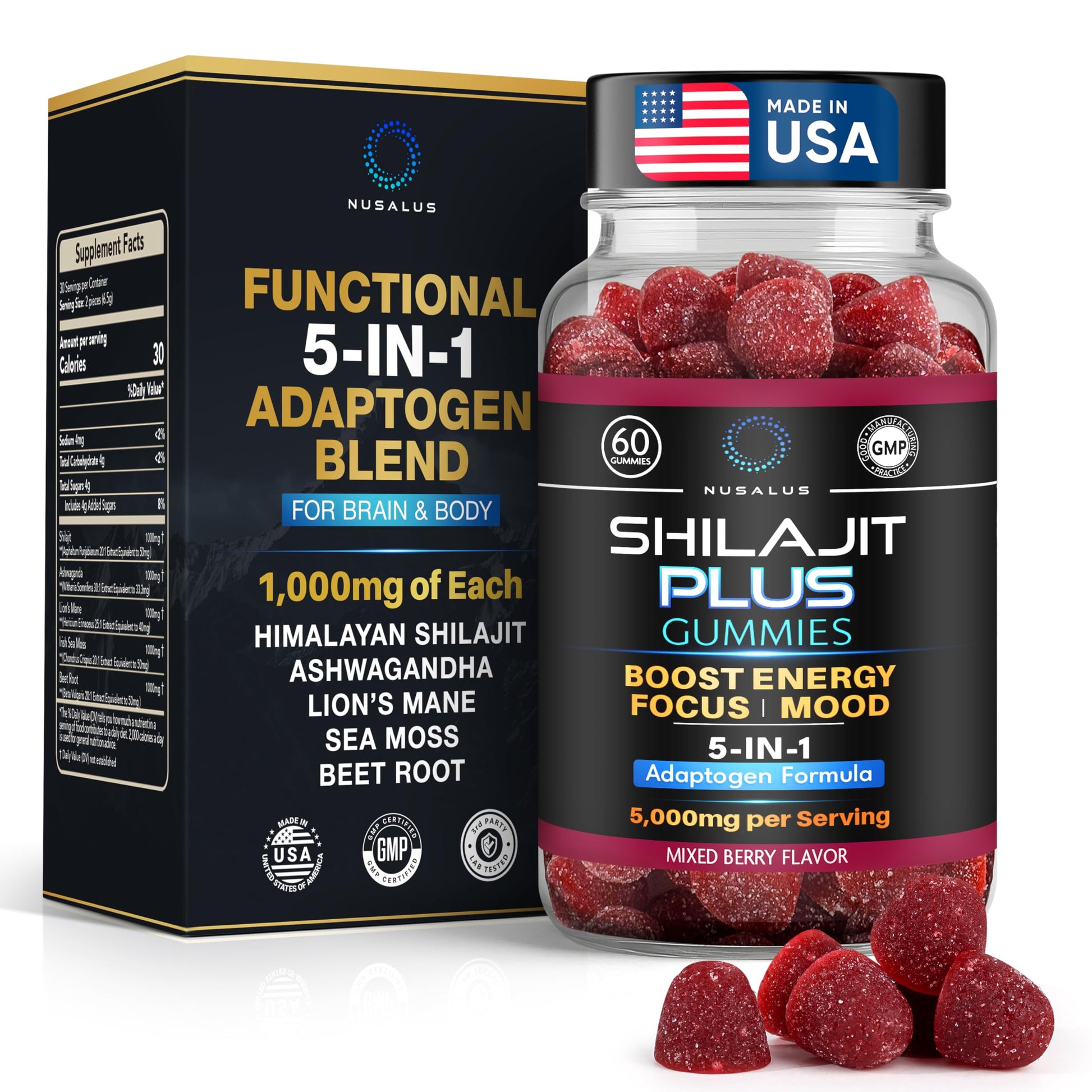 Nusalus Shilajit Plus Gummies – 5-in-1 Adaptogen Energy & Focus Supplement | Shilajit, Ashwagandha, Lion’s Mane, Sea Moss & Beet Root | Natural Energy & Stress Support | Made in USA, Vegan, 60ct NusalusBuy Supplements Australia