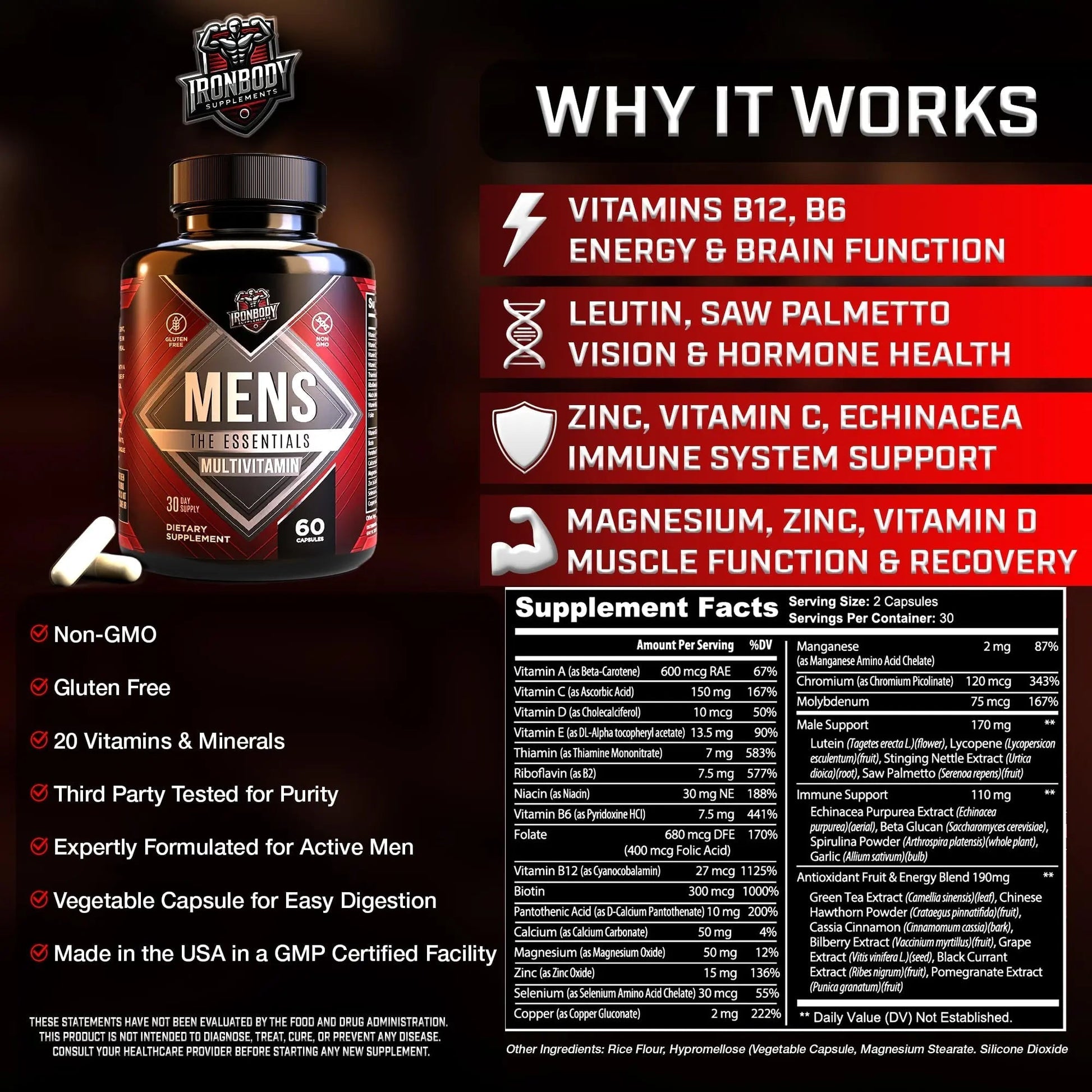 IronBody Supplements, Multivitamin for Men, Vitamins A, B, C, D, E, Zinc. Immune Support, Antioxidant Fruit and Energy Blend. 60 Capsules IronBody SupplementsBuy Supplements Australia