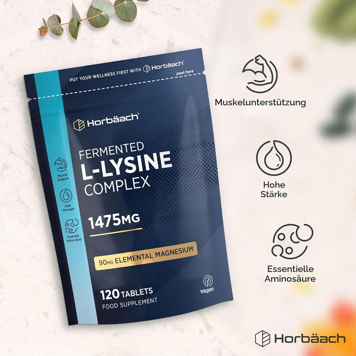 Horbaach L-Lysine High Dose Tablets 1475 mg | Pack of 120 Vegan | Pure L Lysine from L-Lysine HCl | From Vegetable Fermentation | Lysine Essential Amino Acids | by Horbaach