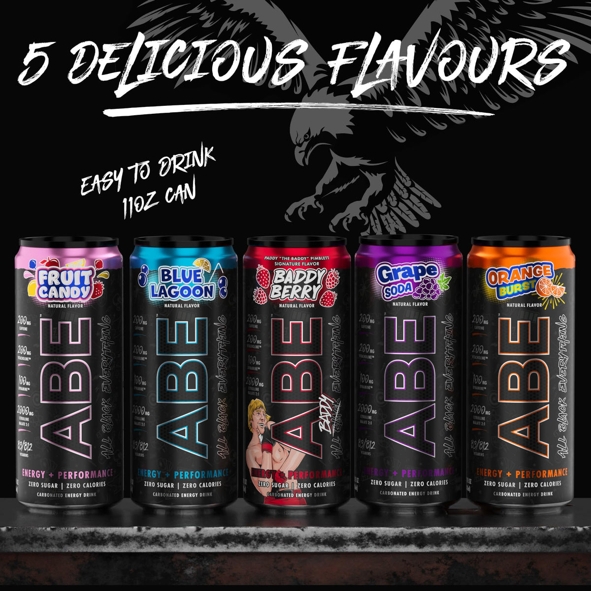 ABE Energy + Performance Sugar Free Energy Drink - All Black Everything Drink With Caffeine, VitaCholine, Dynamine, Citrulline Malate (11oz Can - Pack of 12) (Orange Burst)