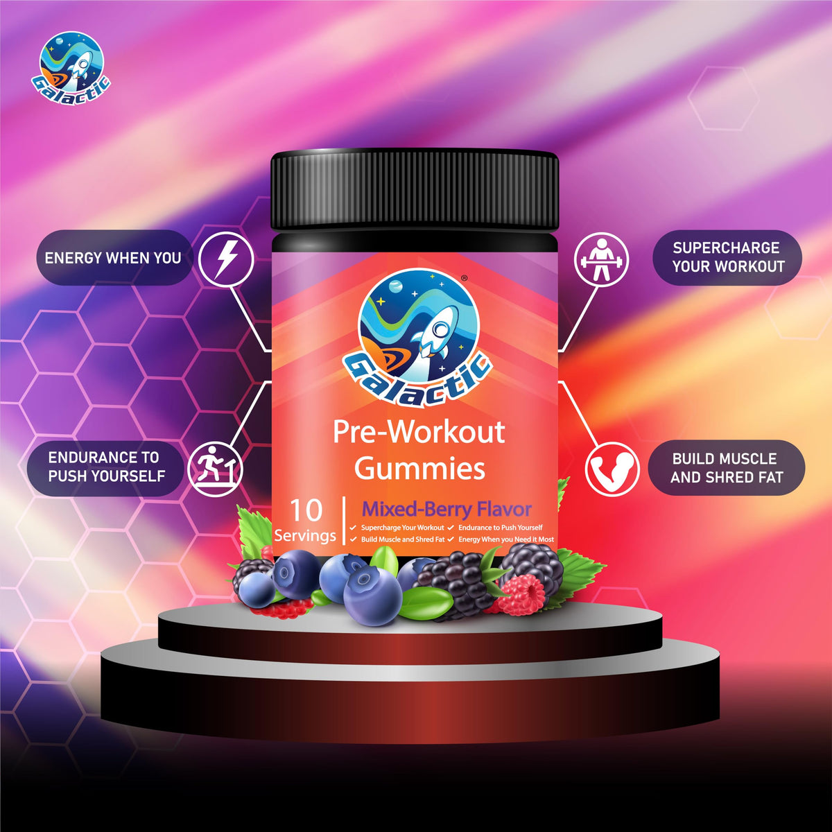 Galactic Pre-Workout Gummies, All Natural, 250mg Caffeine, Beta-Alanine, L-Citrulline, L-Theanine, Chromium Picolinate, 10 Servings
