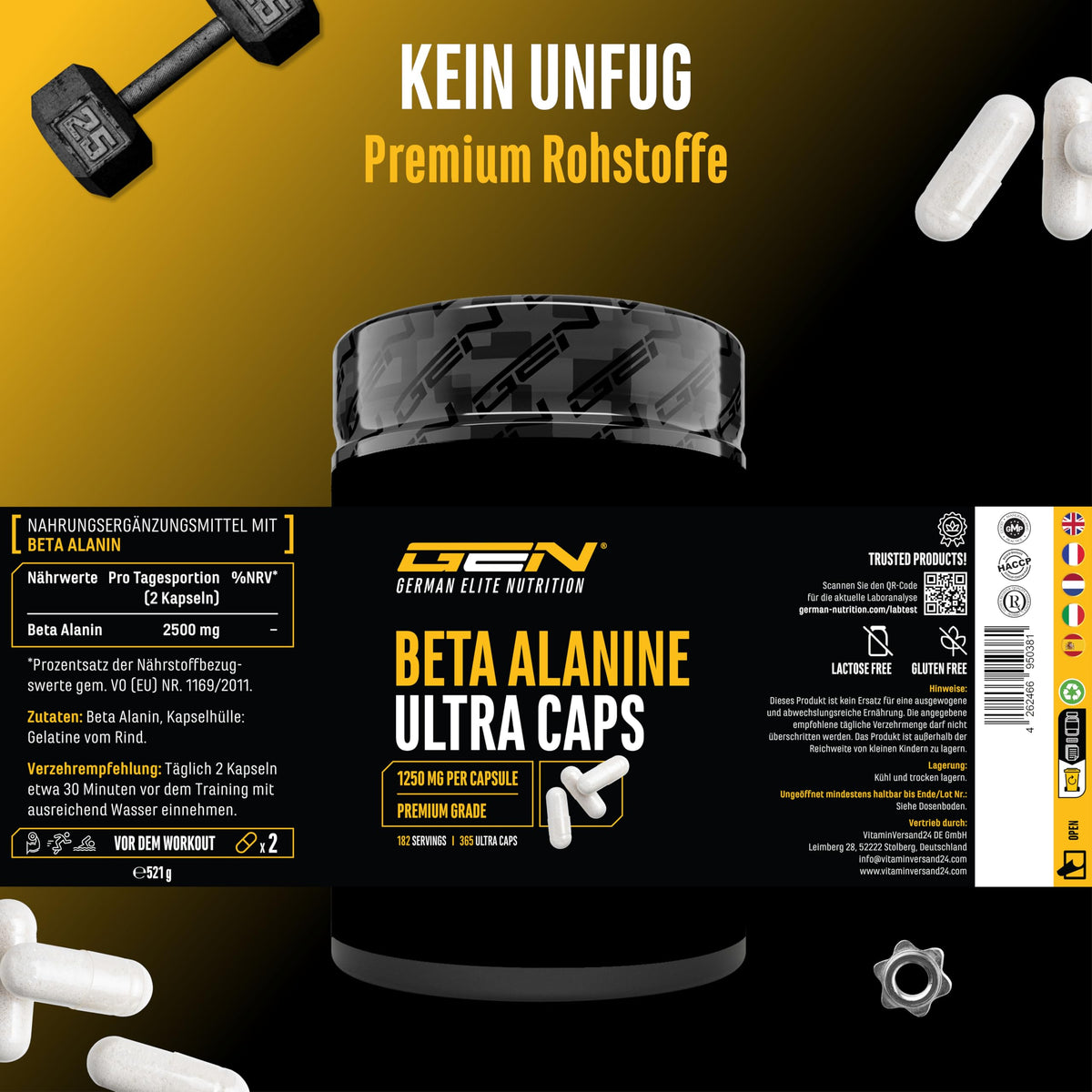 Gen German Elite Nutrition Beta Alanine Ultra Caps - 365 Capsules | High dose with 1250 mg per capsule, beta alanine amino acid with 99% purity, without unwanted additives, laboratory tested