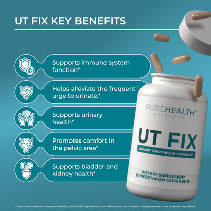 PUREHEALTH RESEARCH UT Fix - Urinary Tract Health Formula - Urinary Tract Support for Women & Men - Cranberry Supplement with D Mannose 1000mg, Vitamin D3 & Bee Propolis - 60 Capsules PUREHEALTH RESEARCHBuy Supplements Australia