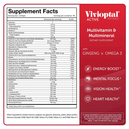 Vivioptal Active, 90 Softgels (1 Year Supply), Ginseng & Omega 3, Multivitamin & Multimineral, Gluten Free, German Formula Vivioptal VitaminsBuy Supplements Australia