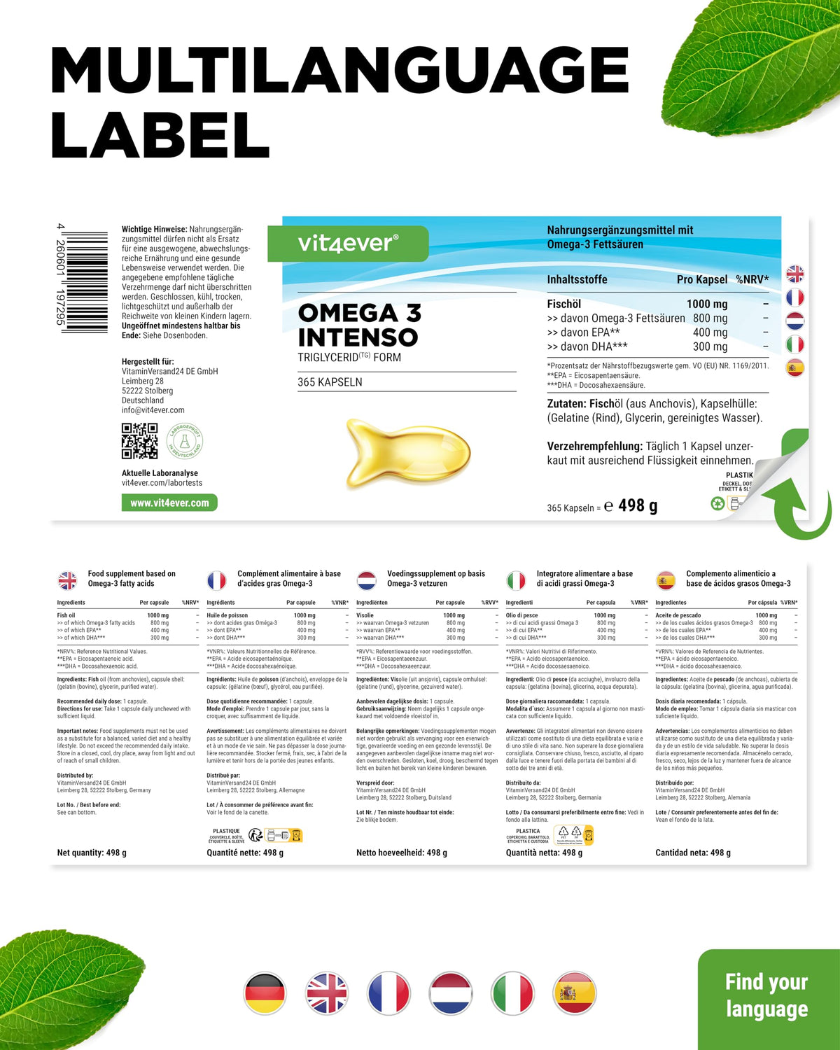 vit4ever Premium Omega 3 with 80% Omega-3 Fatty Acids - 365 Capsules | 1000 mg Fish Oil with 400 mg EPA & 300 mg DHA - Triglyceride Form - Elaborately Cleaned - Sustainable - Laboratory Tested