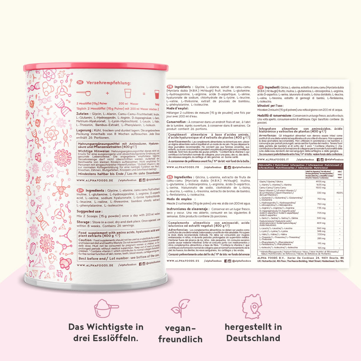 Vegan Collagen Powder + Hyaluronic Acid [400g] Vegetable Alternative to Collagen Hydrolysate, with 13 Amino Acids and Vitamin C from Camu, Tasteless, Made in Germany Alpha Foods