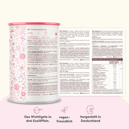Vegan Collagen Powder + Hyaluronic Acid [400g] Vegetable Alternative to Collagen Hydrolysate, with 13 Amino Acids and Vitamin C from Camu, Tasteless, Made in Germany Alpha Foods