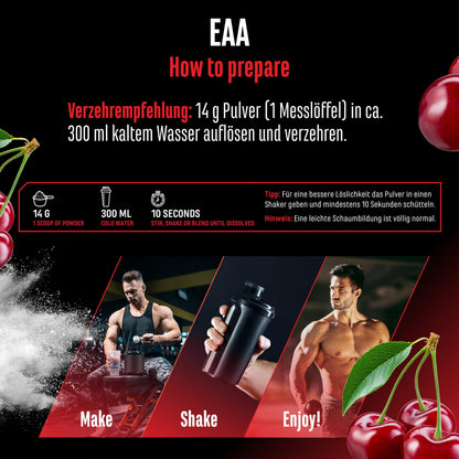 Gen German Elite Nutrition EAA Powder - 532 g - 9 Essential Amino Acids | Cherry - Human Code Formula - Includes Histidine & BCAA - 10 g EAA per Serving - Laboratory Tested