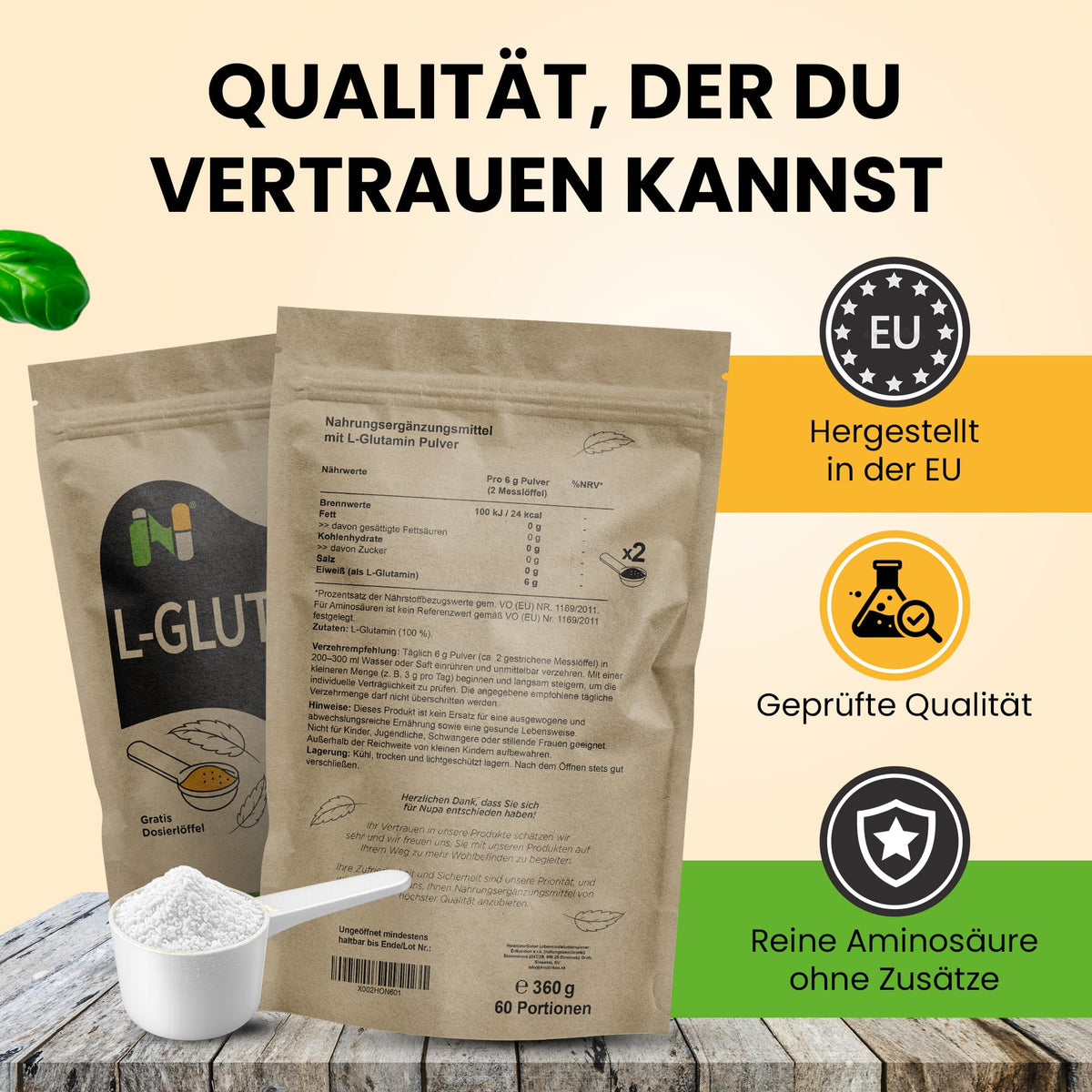L-Glutamine Powder, 360 g, Pure Amino Acid Powder, 60 Servings, Tasteless, Premium Quality, Includes Dosing Spoon