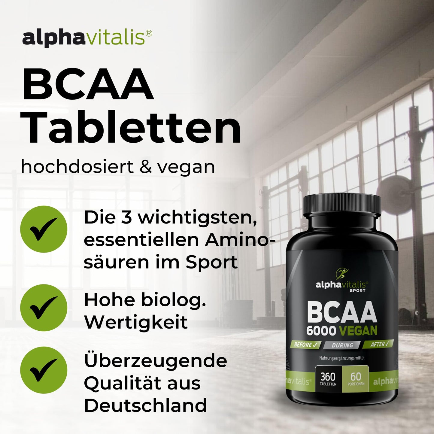 BCAA Mega Tabs 1000Mg Pure BCAAs, Vegan, Gluten Free, Lactose Free, Each Alphavitalis Sport – 360 Tablets – 2 Month Course Essential Amino Acids/Hochdosierte BCAAs for a hard Workout, , , | 360 pieces with L-leucine, L-valine and L-isoleucine