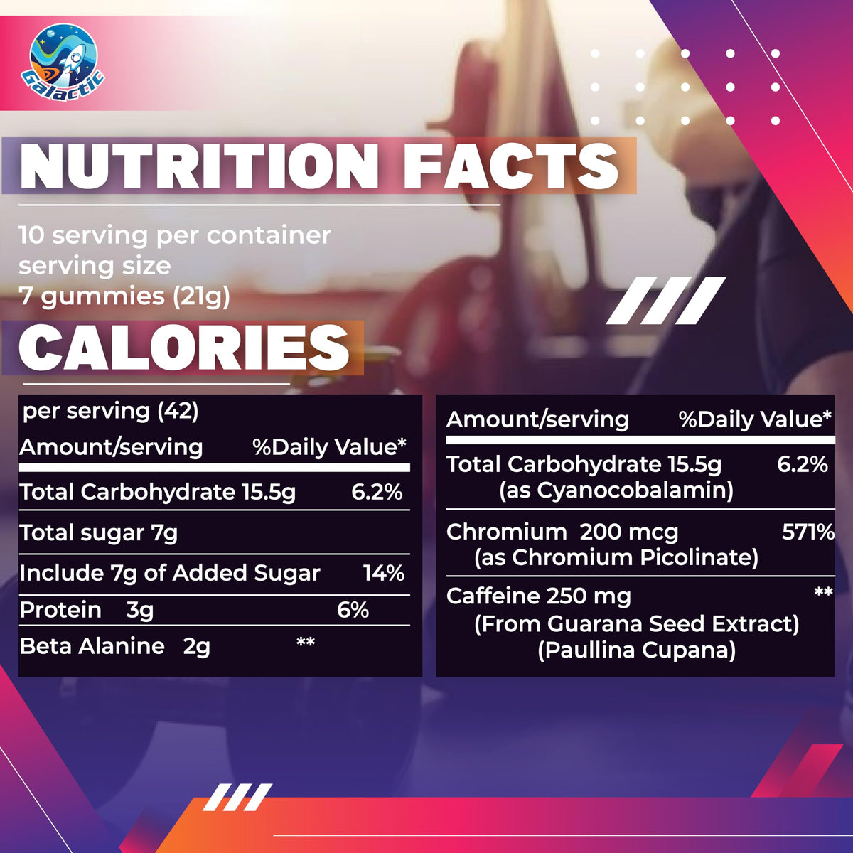Galactic Pre-Workout Gummies, All Natural, 250mg Caffeine, Beta-Alanine, L-Citrulline, L-Theanine, Chromium Picolinate, 10 Servings