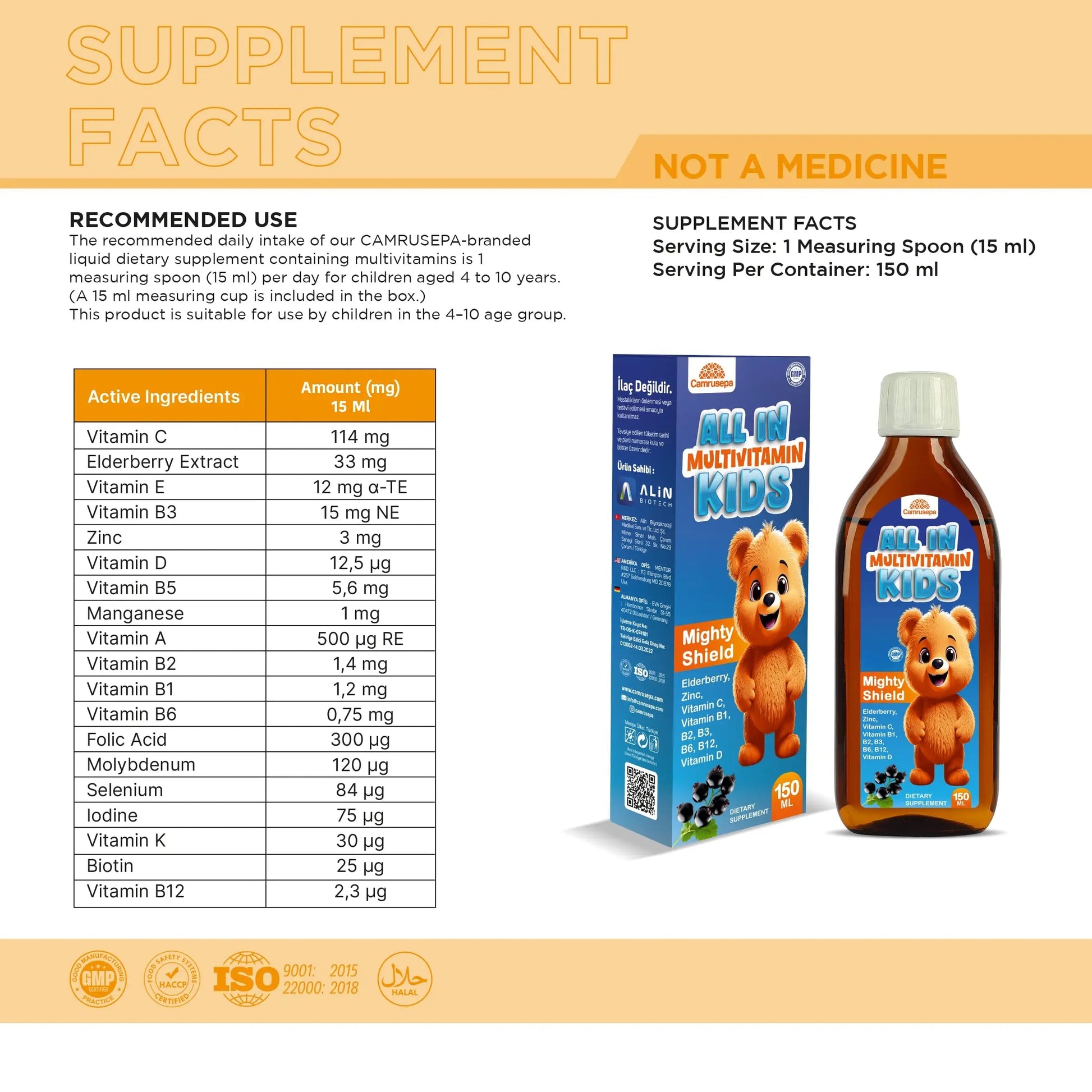 CAMRUSEPA All in Multivitamin Kids Syrup – Black Elderberry Flavored, Inositol, Zinc, Vitamin C, Daily Liquid Multivitamin CamrusepaBuy Supplements Australia