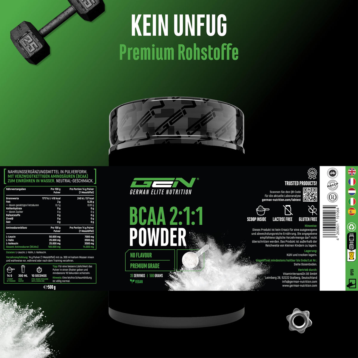 Gen German Elite Nutrition BCAA 2:1:1 Powder - 500 g - 35 Applications | With leucine - isoleucine - valine - neutral in taste - vegetable fermentation - without unnecessary additives - vegan