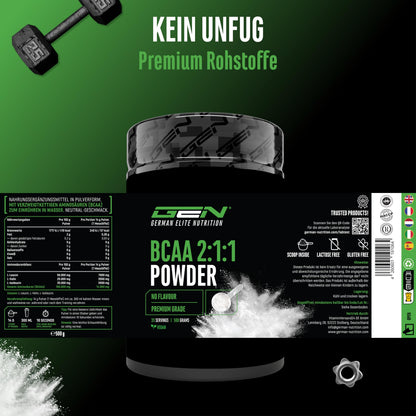 Gen German Elite Nutrition BCAA 2:1:1 Powder - 500 g - 35 Applications | With leucine - isoleucine - valine - neutral in taste - vegetable fermentation - without unnecessary additives - vegan