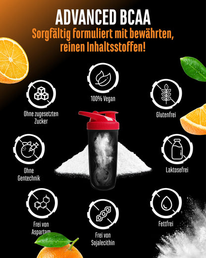 Buy ​Gen German Elite Nutrition Advanced BCAA Powder 450 g - 2:1:1 BCAA | With taurine and glutamine, orange, 13,500 mg amino acids per serving, instant soluble, vegan, 30 servings - OmniHealthRx Usa supplements
