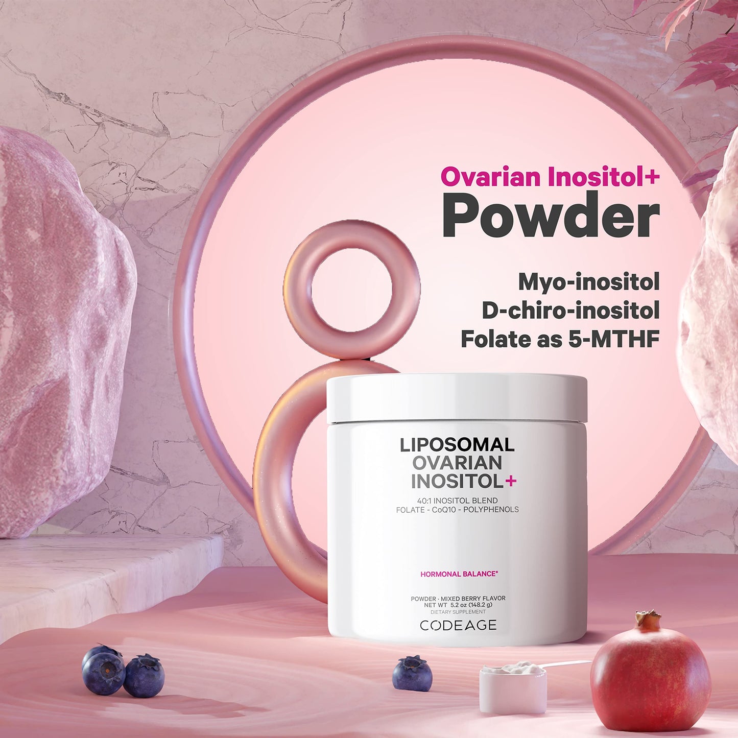 Codeage Liposomal Ovarian Inositol Powder - Myo-Inositol & D-Chiro-Inositol 40:1 Blend, Folate 5-MTHF, CoQ10, Pomegranate & Wild Blueberry - 2-Month Supply - Mixed Berry Flavor - Non-GMO, 60 Servings CodeageBuy Supplements Australia