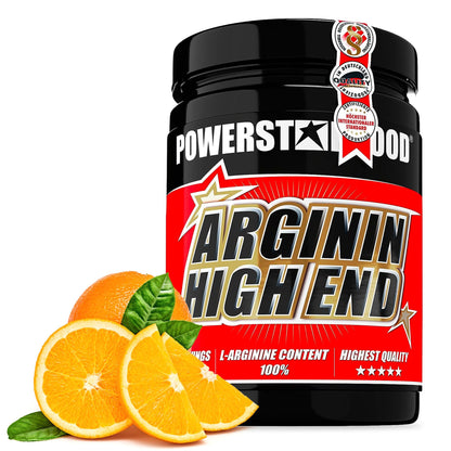 Powerstar Arginine High End Juicy Orange 500g - L-Arginine High Dose Vegan | L-arginine base without added sugar for nutrient supply - amino acid amino acid powder - German production according to IFS