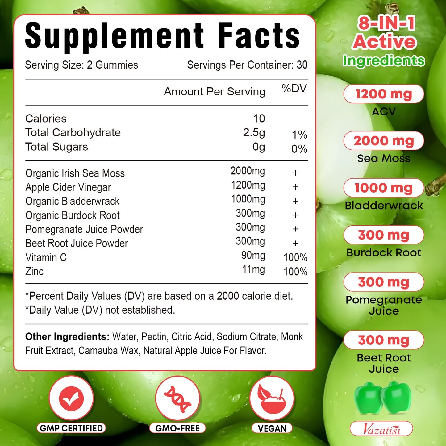 Vazatisi 2 Pack Apple Cider Vinegar Gummies, ACV with Sea Moss Gummies for Metabolism, Digestion, Detox, Gut & Immune Health, Apple Flavored -120 Count VazatisiBuy Supplements Australia