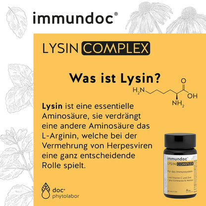 immundoc LYSIN COMPLEX, L-Lysine Tablets, Pack of 60, with 1000 mg L-Lysine per Daily Dose, with Vitamin C, Zinc and Plant Extracts, Gluten-Free and Lactose Free