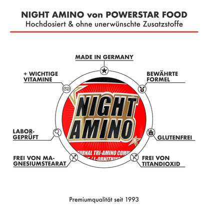 Night Amino, Arginine Ornithine Lysine, High Dose, Amino Acids Complex, With Vitamin B & C, 210 Capsules, Vegan, Made in Germany | Amino Acids Complex with Vitamin B and C - 210 Capsules Vegan - Amino Acids Complex