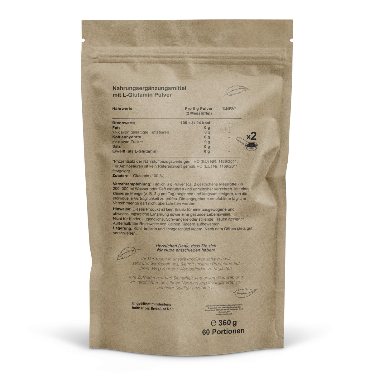L-Glutamine Powder, 360 g, Pure Amino Acid Powder, 60 Servings, Tasteless, Premium Quality, Includes Dosing Spoon