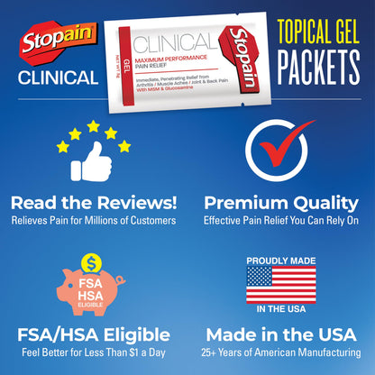 Stopain Pain Relief Clinical Gel Packets, Made in USA, Maximum Performance Pain Relief with 10% Menthol Plus Glucosamine for Muscle Aches, Joint Pain, and Arthritis (100 Pack) StopainBuy Supplements Australia