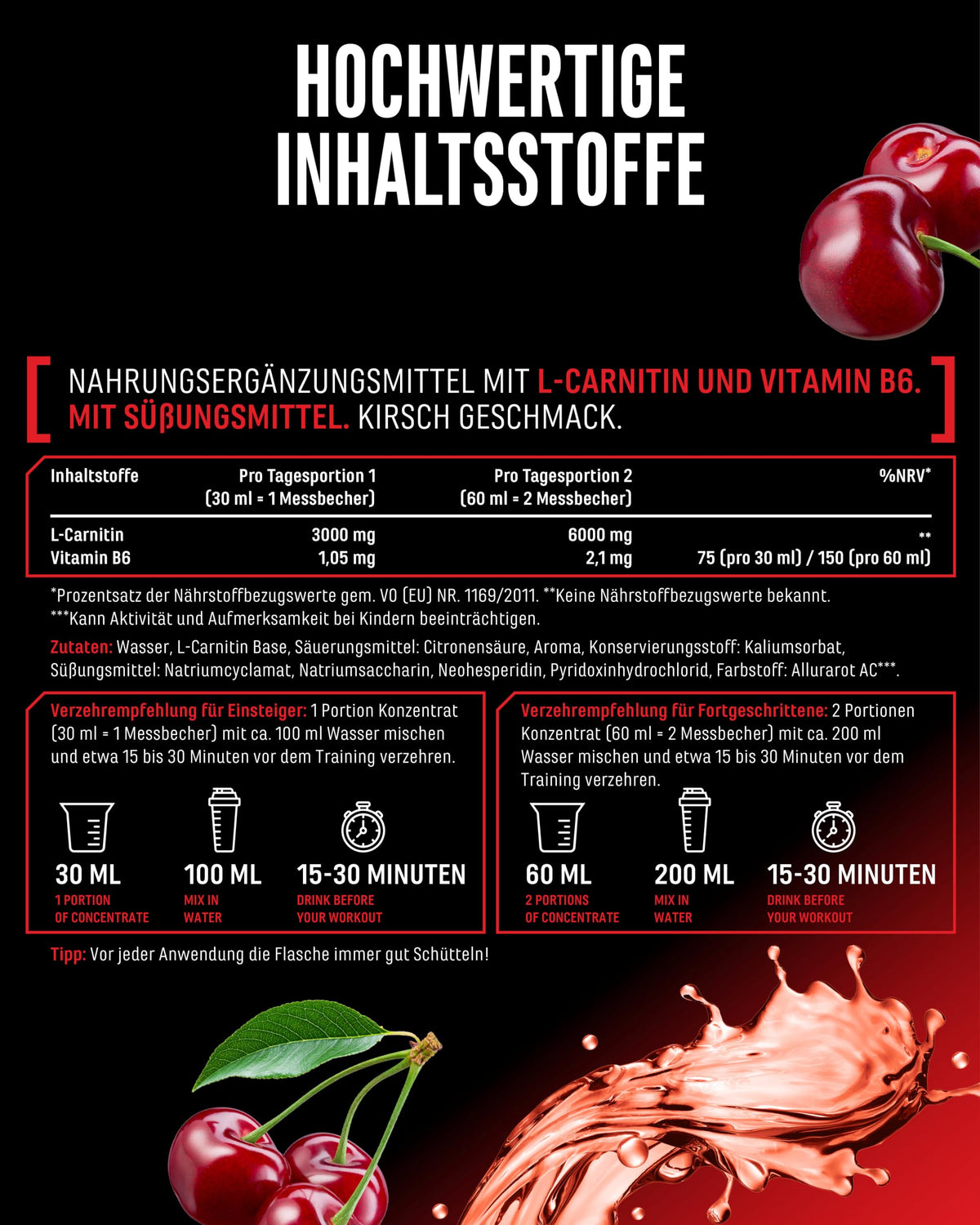 Gen German Elite Nutrition L-Carnitine 6000 Liquid - 1000 ml | Cherry Madness flavour - extra high dose with 6000 mg pure L-carnitine per daily serving - amino workout drink - vegan