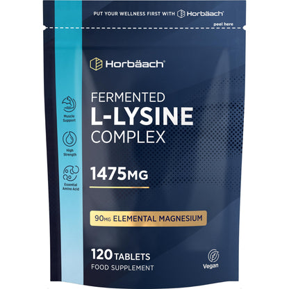 Horbaach L-Lysine High Dose Tablets 1475 mg | Pack of 120 Vegan | Pure L Lysine from L-Lysine HCl | From Vegetable Fermentation | Lysine Essential Amino Acids | by Horbaach