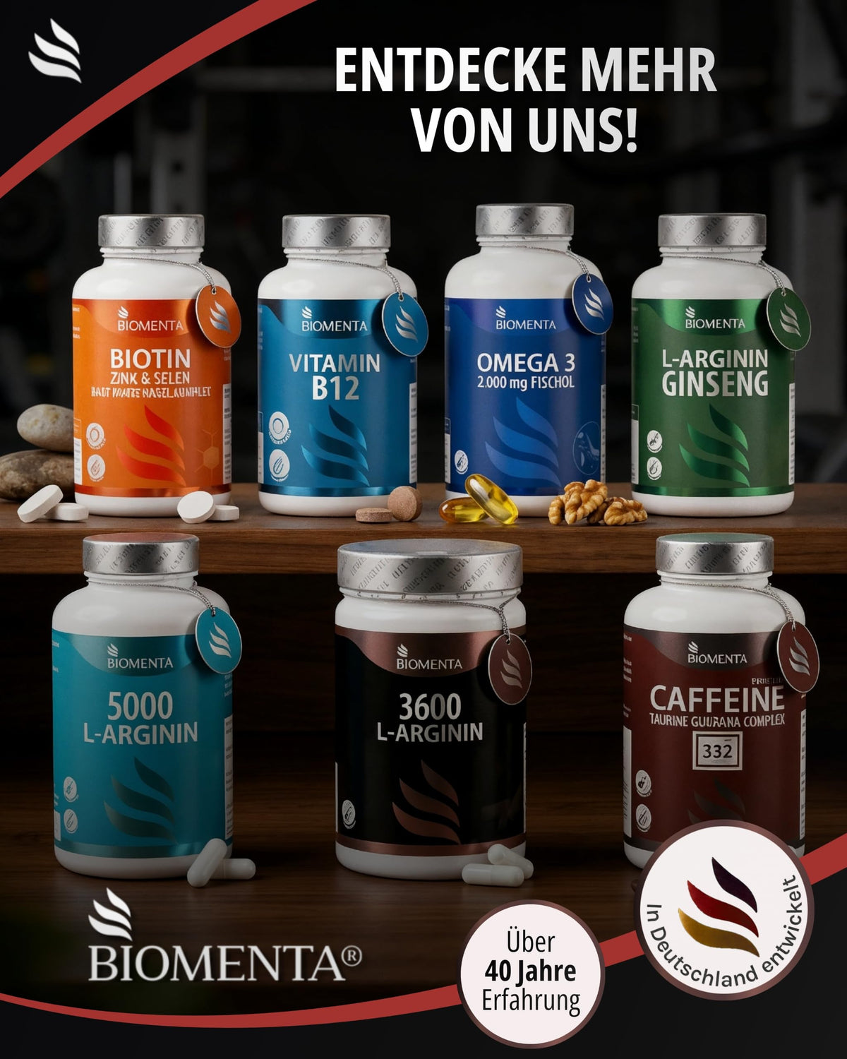 BIOMENTA L-Arginine Base + Citrulline + BCAA + Zinc I 150 Capsules with 1100 mg Amino Acids per Unit I Pre Workout Dietary Supplement without Additives I Laboratory Tested Quality