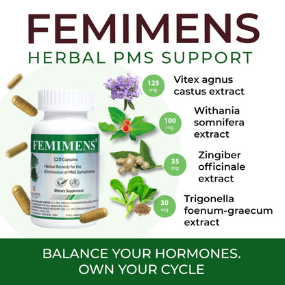 FEMIMENS – PMS Support Supplement for Women – PMS Relief for Women & Menstrual Cramp Relief – Hormonal Balance for Women – Chasteberry Vitex, Ashwagandha, Ginger, Fenugreek – 120 Vegan Capsules Ananta Medicare USABuy Supplements Australia