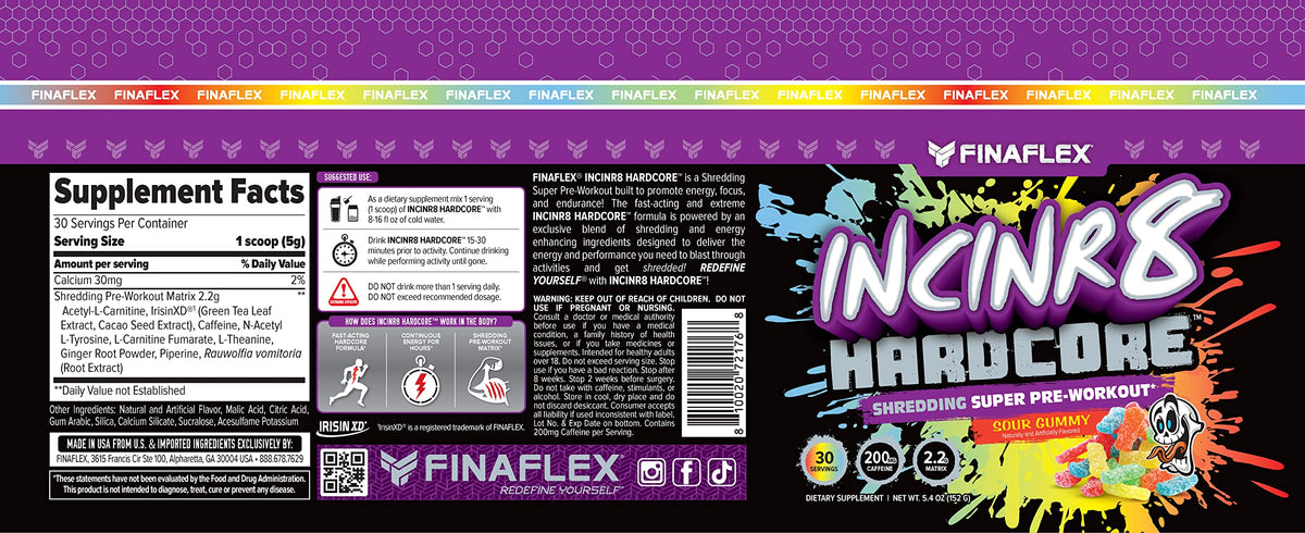 FINAFLEX INCINR8 Hardcore, Sour Gummy - 5.4 oz (30 Servings) - Energy, Focus & Endurance for Men & Women - with Caffeine