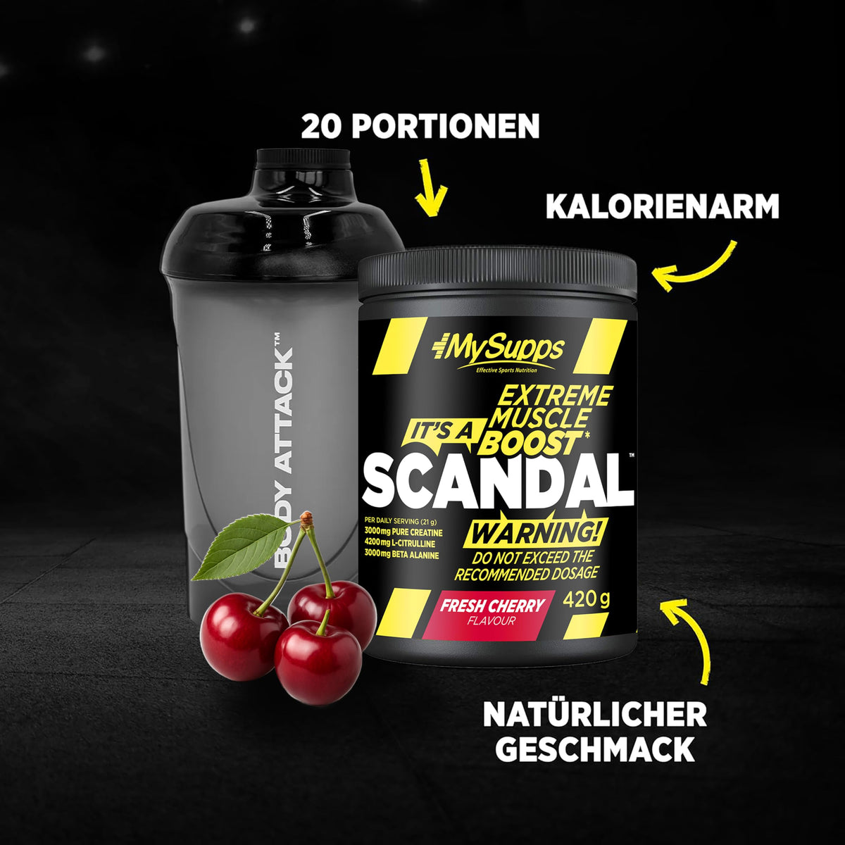 My Supps Scandal Extreme Muscle Pre Workout Training Booster - Fresh Cherry with Creatine, Citrulline, Beta Alanine, Caffeine & Tyrosine for Energy - 20 Servings 420 g