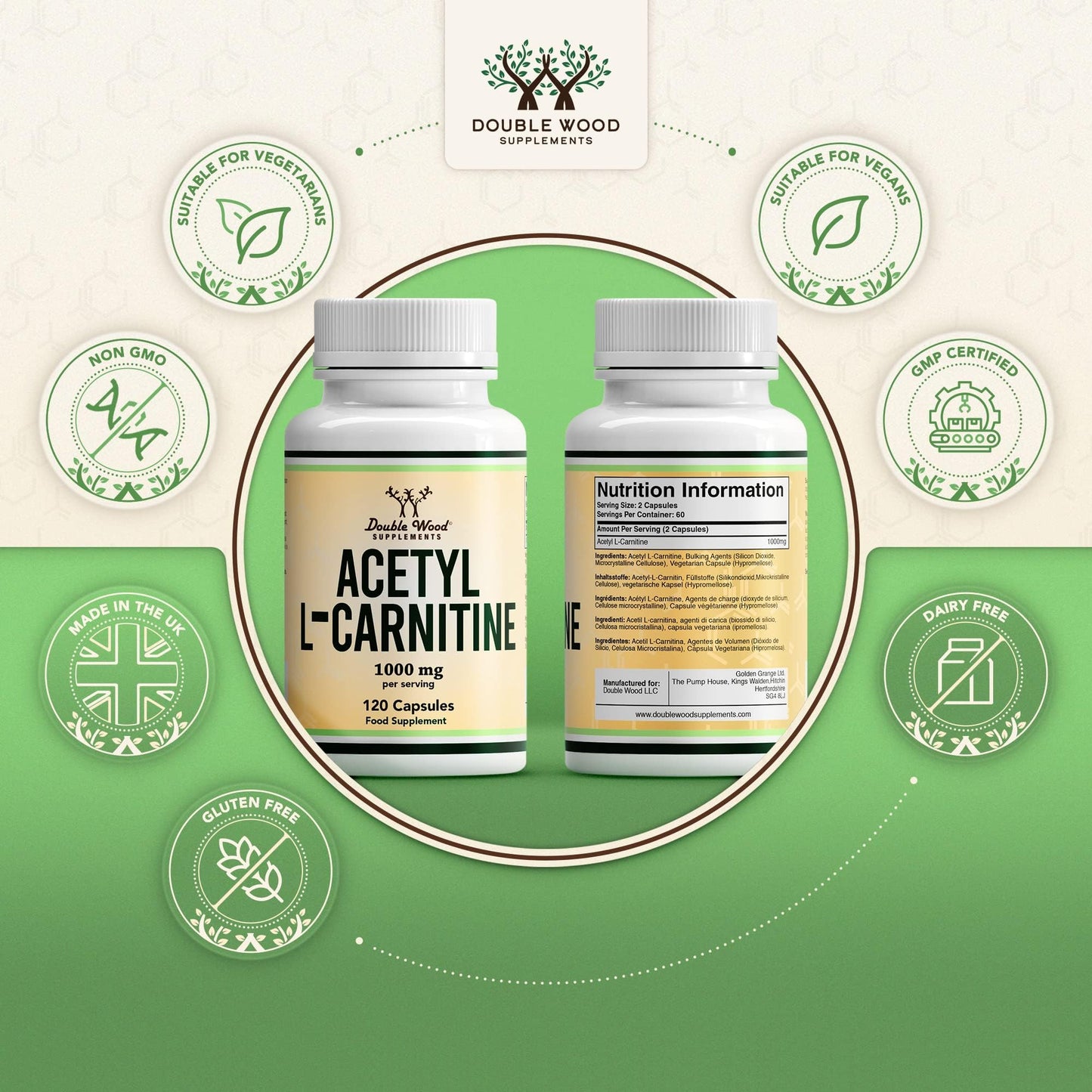 DW L Carnitine Capsules | 120 High Dose Acetyl L Carnitine - 1000mg L-Carnitine Per Serving | GMO and Gluten Free L-Carnitine